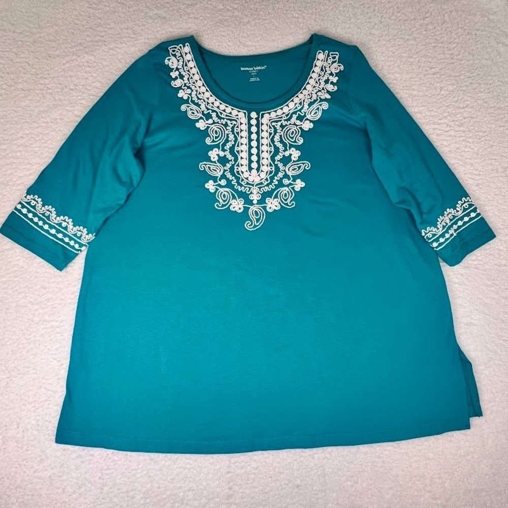 Boho Cottagecore Tunic Top Teal Embroidered Cotton Knit Relaxed 18/20